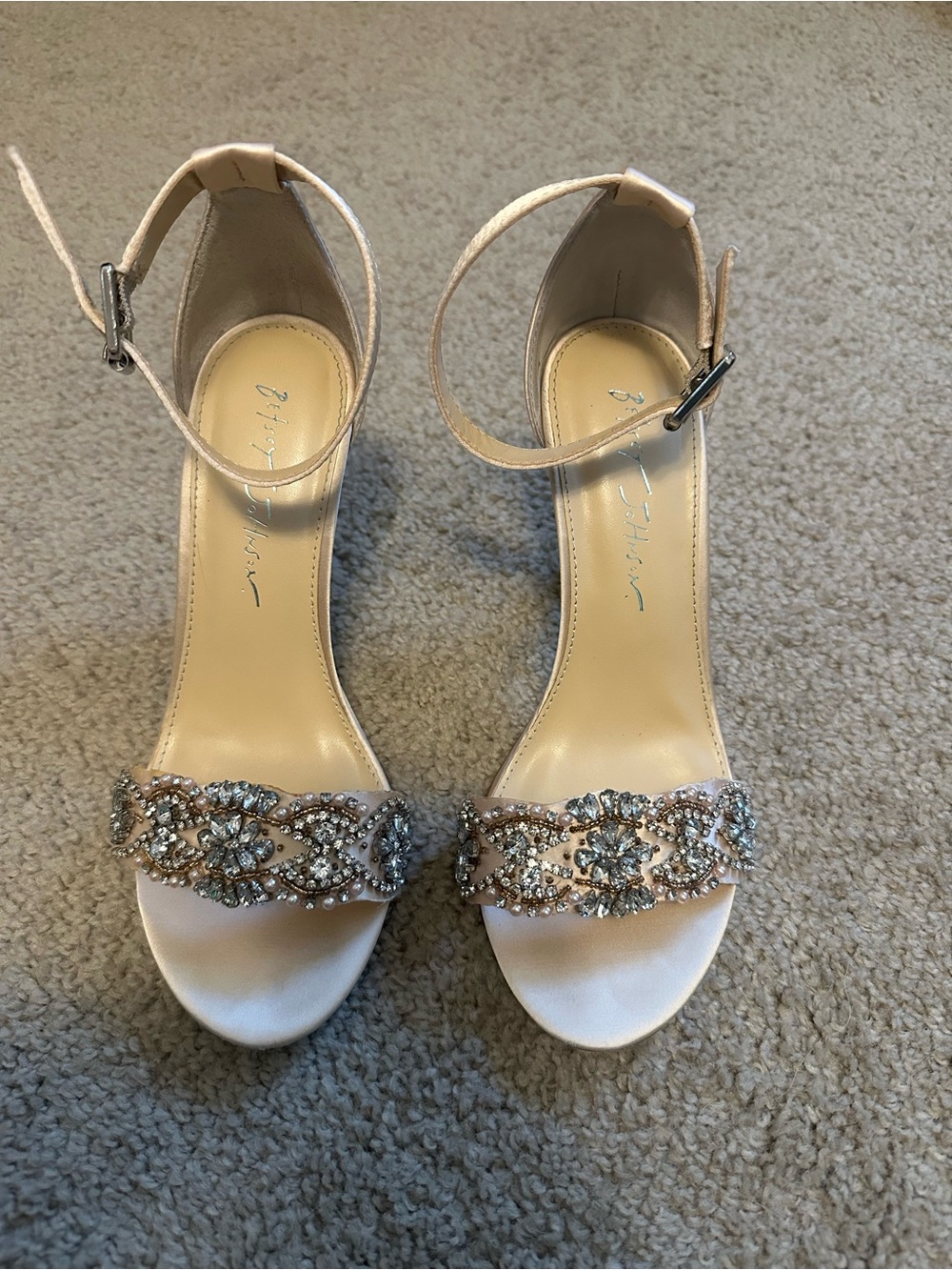 Betsey Johnson Blush Crystal Embellished Ankle-Strap Heels